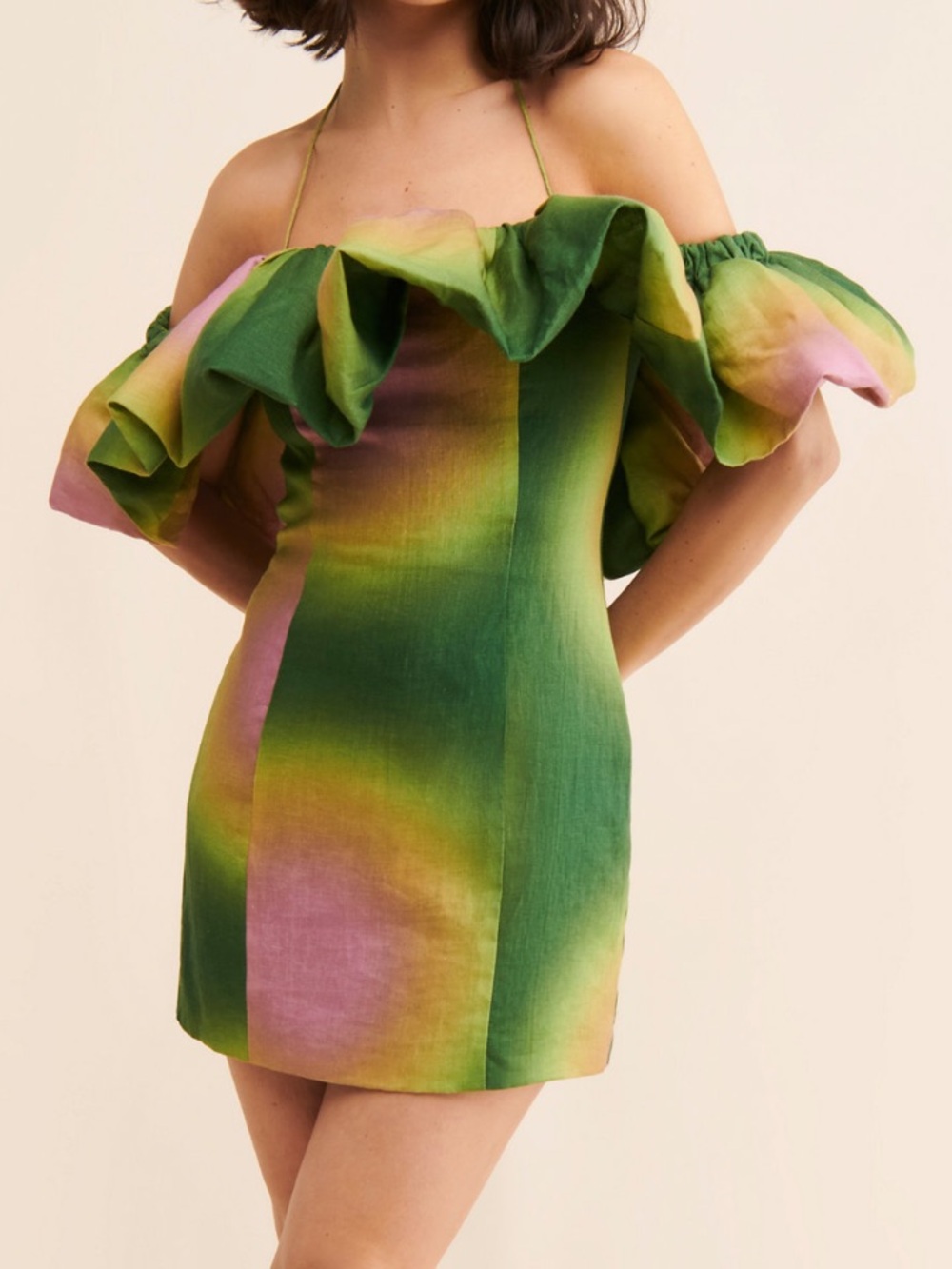The Wolf Gang Mirador off-the-shoulder tie-dye mini dress ruffled neckline M
